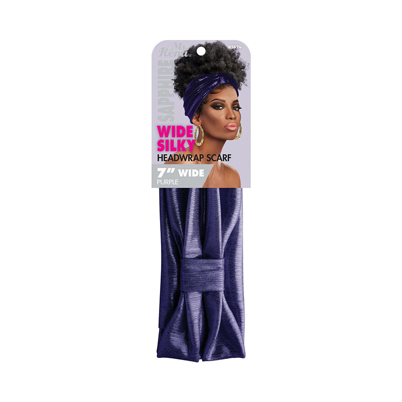 ANNIE purple silky 7 inch wide stretchy headwrap scarf shown on packaging with model styling