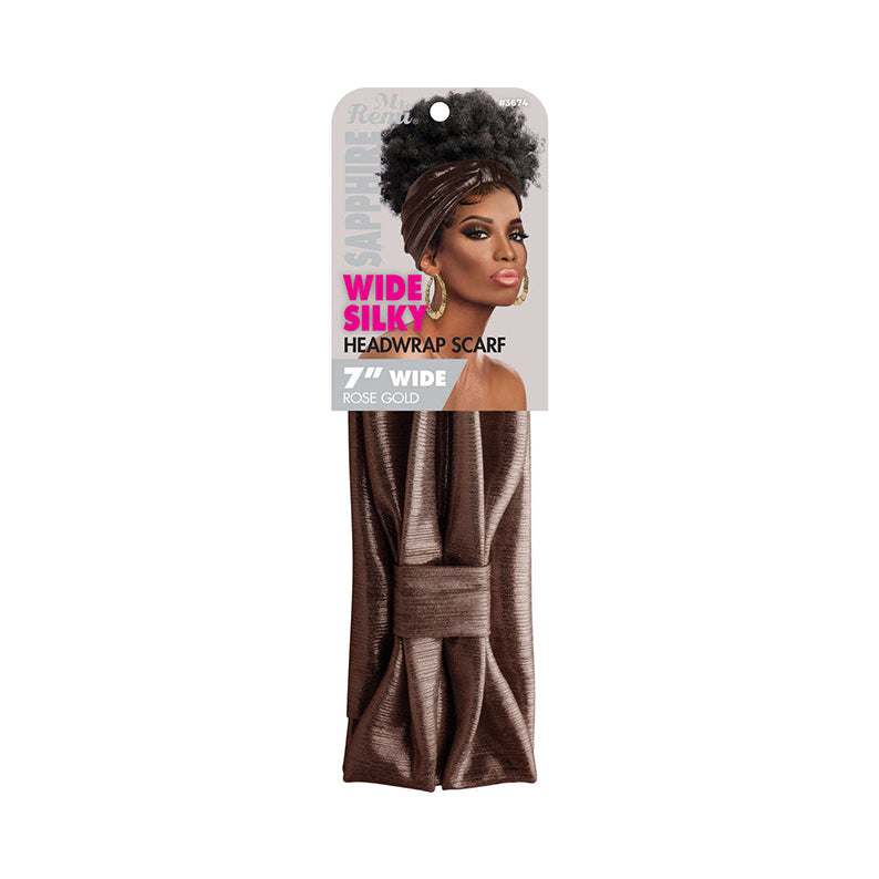 ANNIE rose gold 7 inch silky wide stretchy headwrap scarf in packaging shown with model wearing turban style