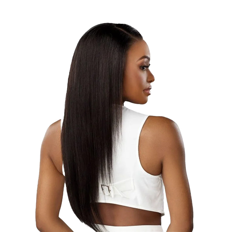 SENSATIONNEL long straight black wig on model showing sleek center part 13x4 glueless HD lace frontal wig with natural hairline