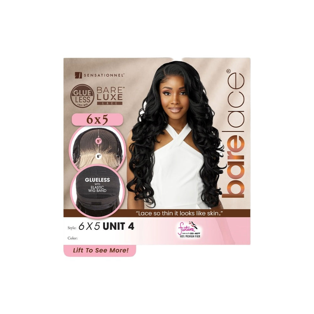 SENSATIONNEL bare lace wig 6x5 glueless long wavy black Unit 4 shown on product box with model
