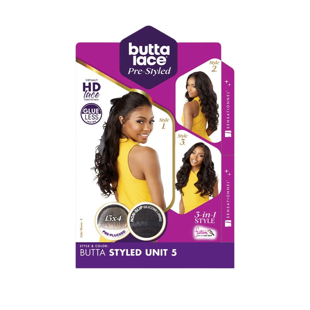 SENSATIONNEL butta lace pre-styled wig packaging with three modeled style options showing long wavy black hair