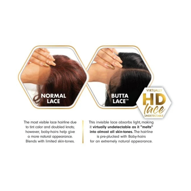 Comparison close up of hairline showing Butta Lace Unit 11 wig vs normal lace for natural undetectable part