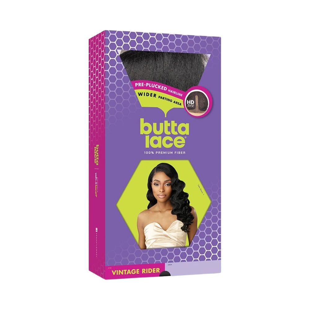 SENSATIONNEL Butta Lace Vintage Rider wig box showing long wavy black wig and model portrait