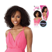 SENSATIONNEL curly instant half wig on model in pink dress with packaging visible drawstring half wig for black women