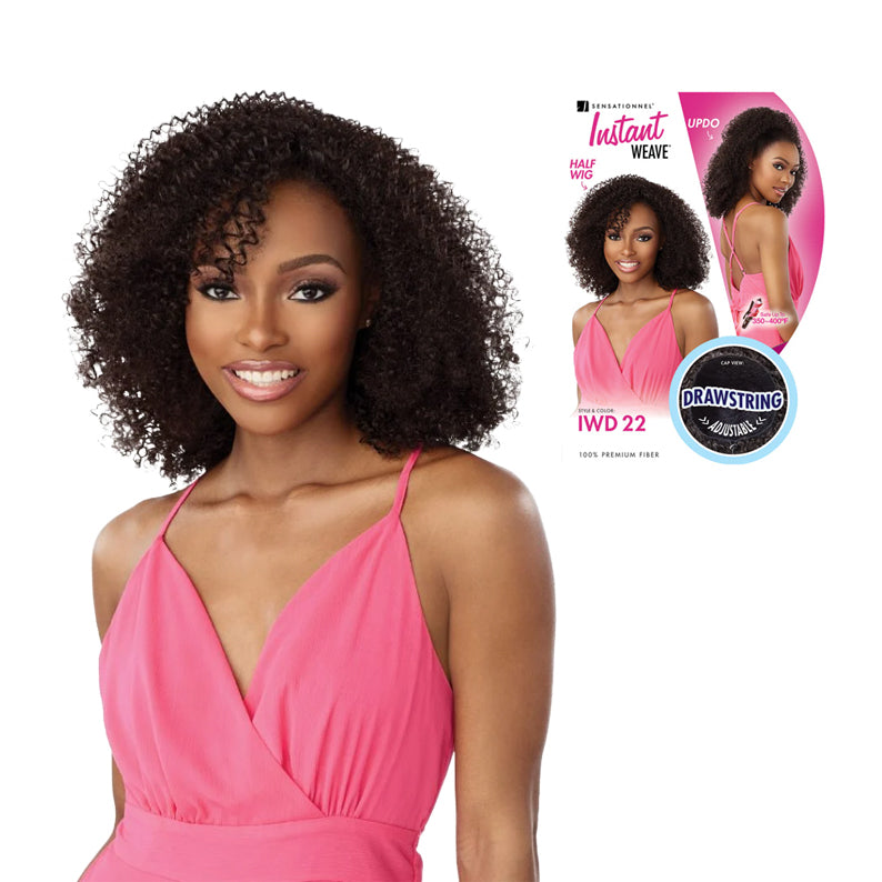 SENSATIONNEL curly instant half wig on model in pink dress with packaging visible drawstring half wig for black women