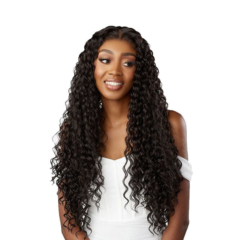 SENSATIONNEL long curly black glueless lace front wig extra transparent on smiling model in white dress