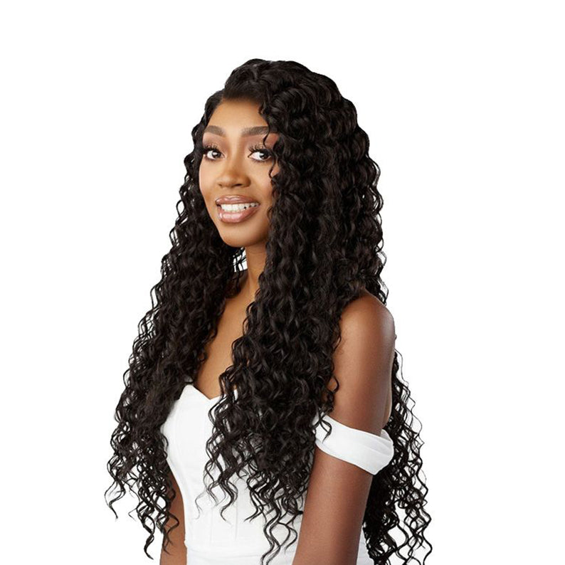SENSATIONNEL long black deep wave wig on model smiling glueless lace front wig extra transparent natural hairline