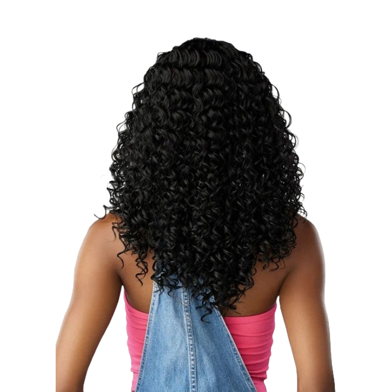 SENSATIONNEL black curly lace front wig with 90s bangs shown from back on model wearing denim