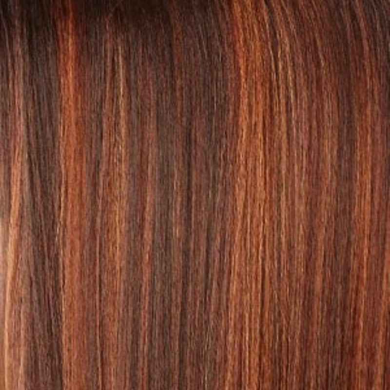 SENSATIONNEL lace front wig with 90s bangs in auburn brown with copper highlights straight strands