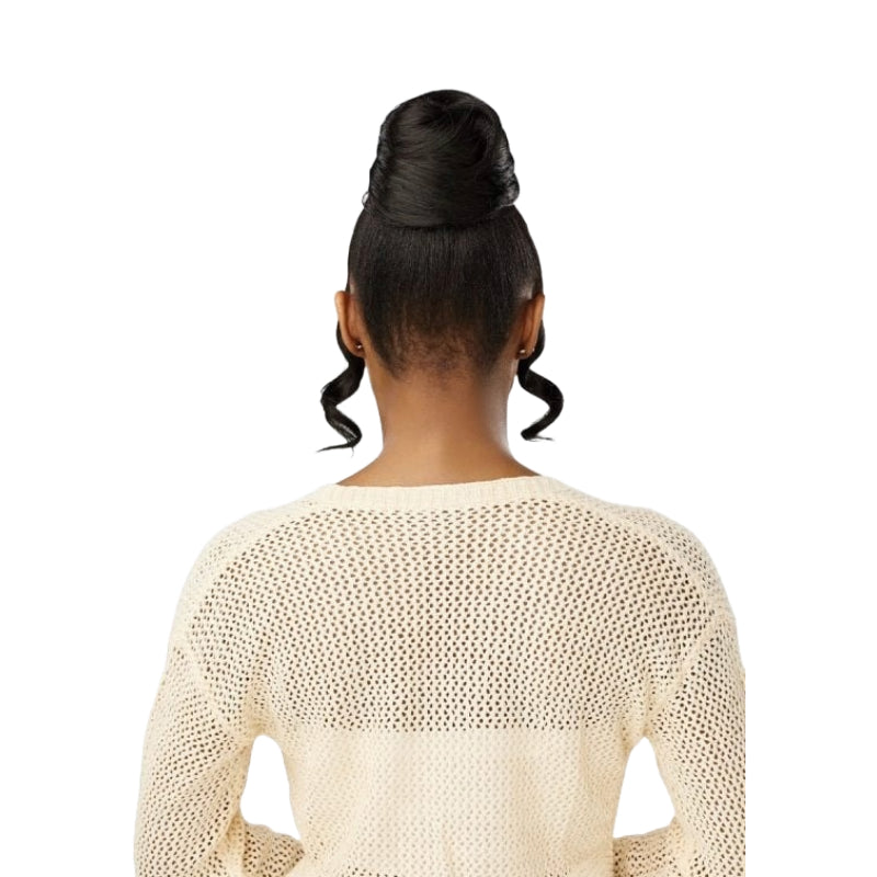 SENSATIONNEL Lulu Bun Updo wig sleek high bun with face framing spiral tendrils on model back view