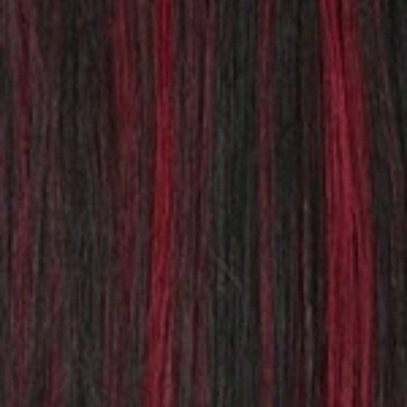 Close up of SENSATIONNEL Lulu Bun Updo wig hair texture in black with burgundy red highlights synthetic strands