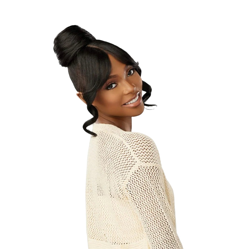 SENSATIONNEL Lulu Bun Updo wig in sleek black with high bun and face framing curled tendrils on smiling model