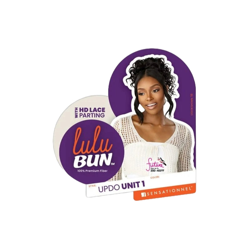 SENSATIONNEL Lulu Bun Updo wig packaging showing model with curly high bun and HD lace parting
