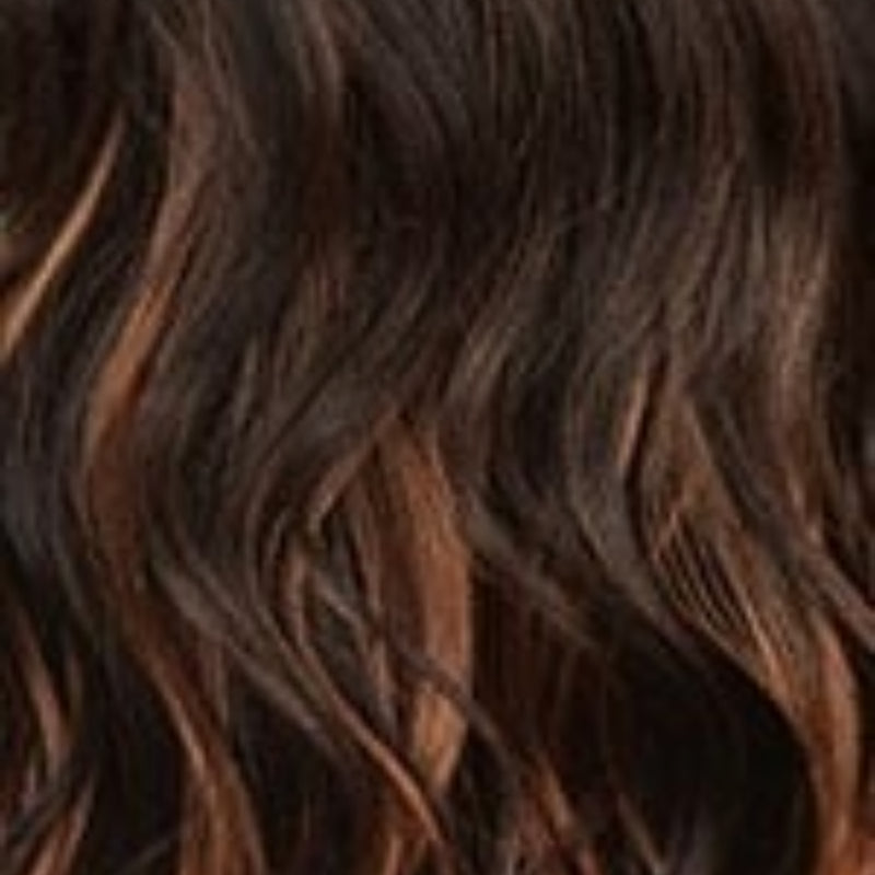 SENSATIONNEL Lulu Bun Updo wig dark brown with caramel highlights textured natural wavy hair close up