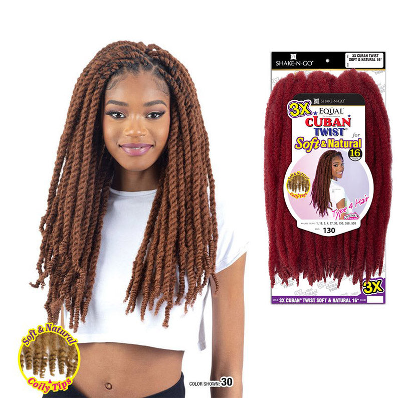 Shake N Go Cuban twist braiding hair in soft natural brown worn by model with long twists