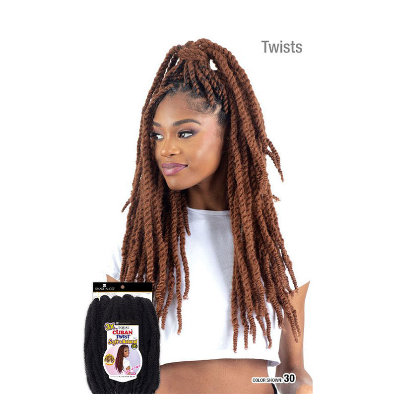 SHAKE N GO Cuban twist braiding hair styled in long brown twists on a woman with black packaging shown