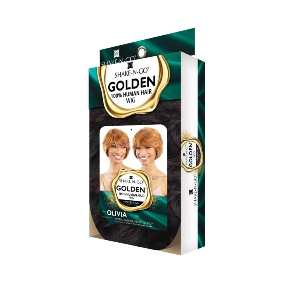 SHAKE N GO Golden Olivia short blonde bob 100% human hair wig packaging showing model photo