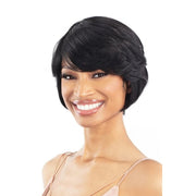 SHAKE N GO short black bob wig with side swept bangs on smiling model 100% human hair wig