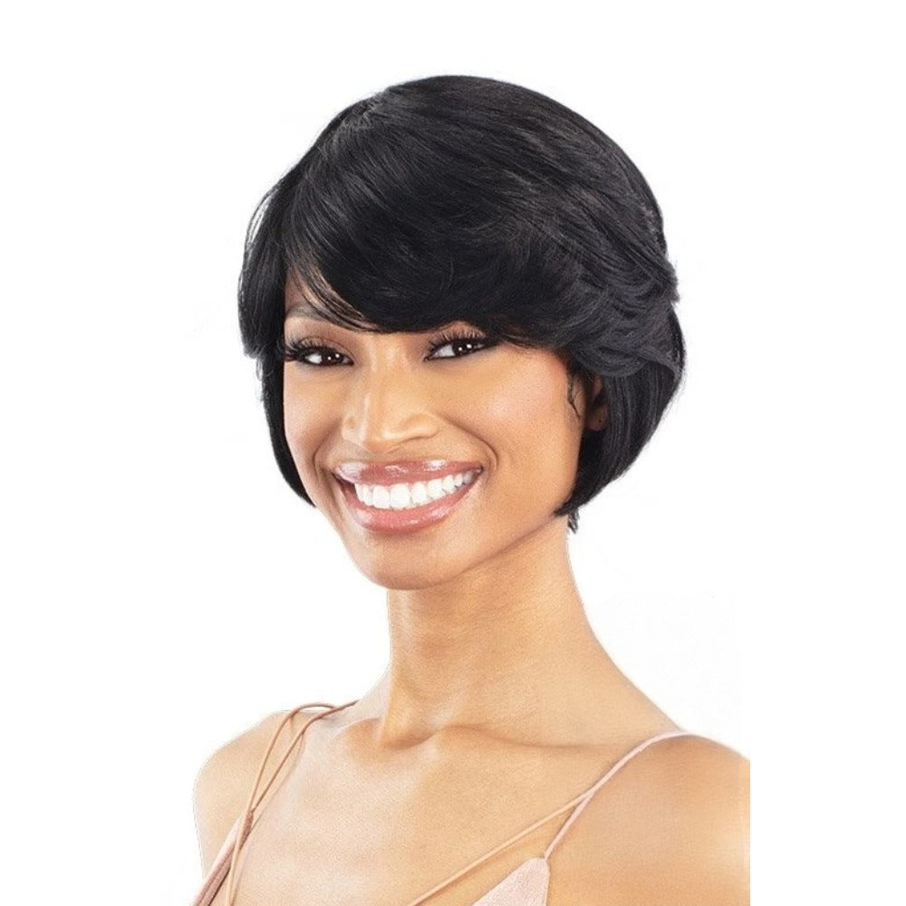 SHAKE N GO short black bob wig with side swept bangs on smiling model 100% human hair wig