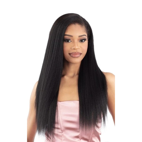 Model wearing 18 inch yaky straight clip in hair extensions in natural black by SHAKE N GO for sleek long hair