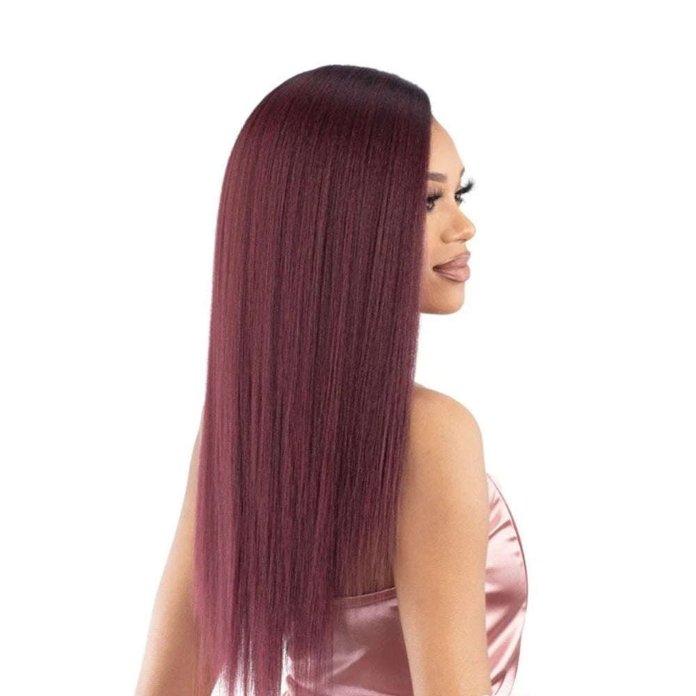 Shake N Go model wearing 18 inch yaky straight clip in hair extensions in deep burgundy side profile