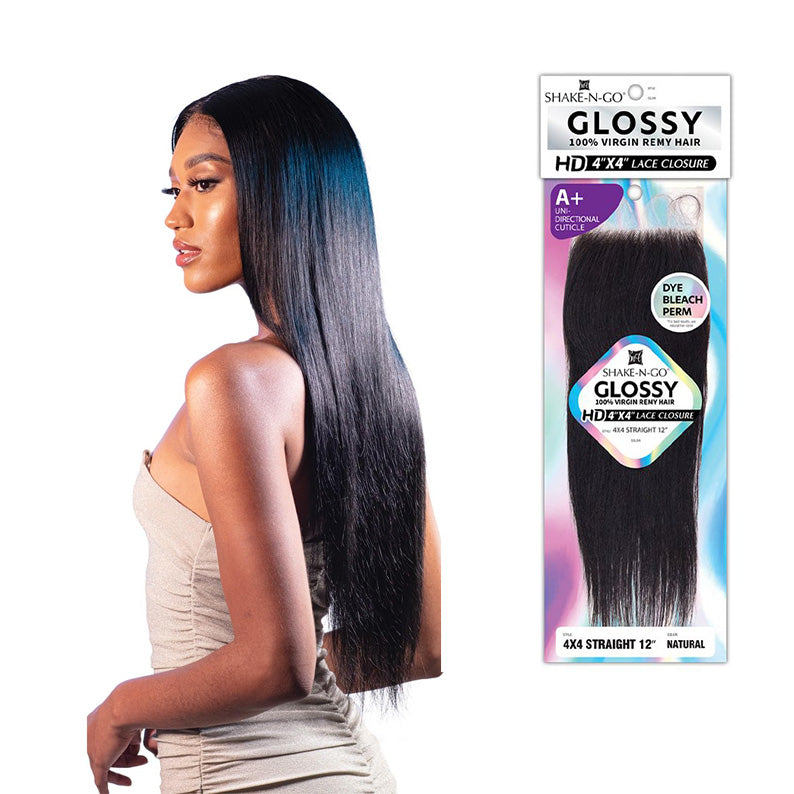 Shake N Go glossy 100 percent remy hair 4x4 straight lace closure shown on model with long sleek black hair