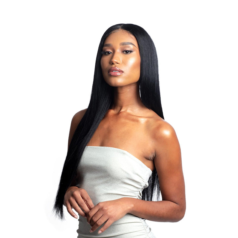 SHAKE N GO long sleek black wig on model featuring 4x4 straight lace closure for natural parting