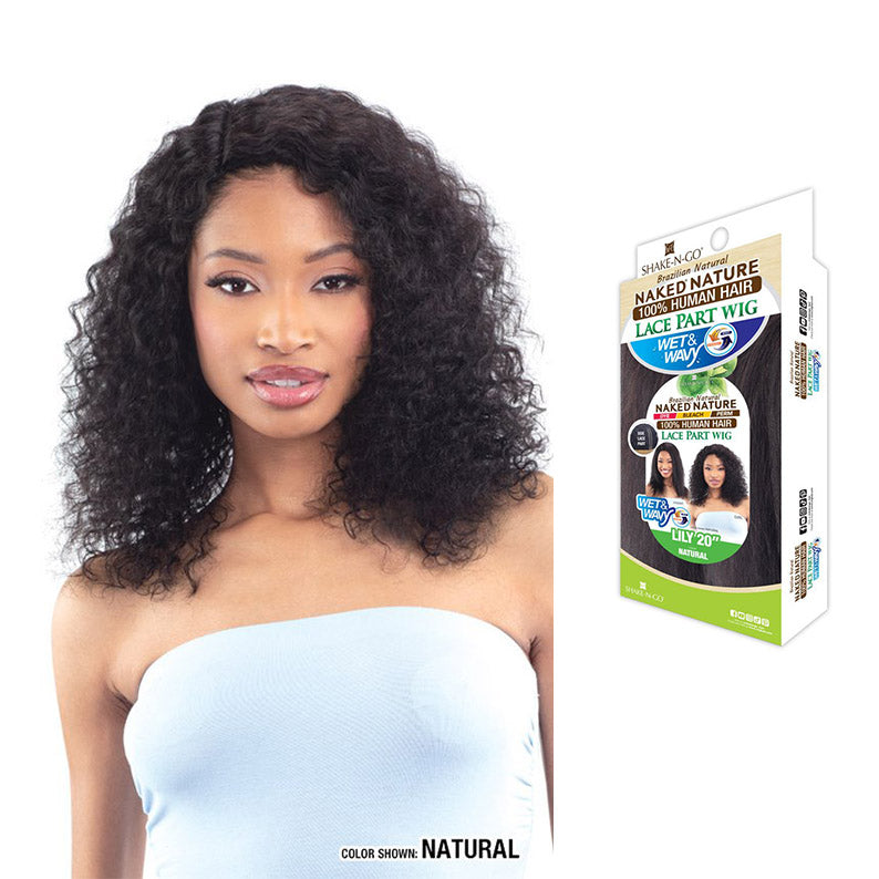 SHAKE N GO Brazilian human hair wet and wavy wig worn by model in natural color with product box