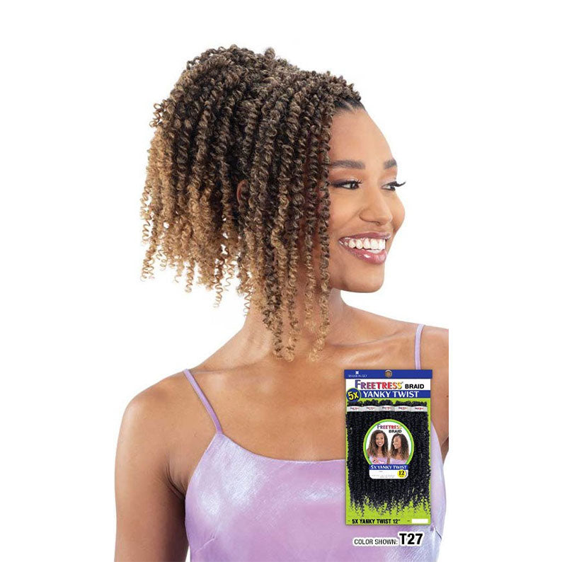 Freetress Yanky Twist 12 inch braids by SHAKE N GO curly ombre brown to blonde ponytail with product packaging