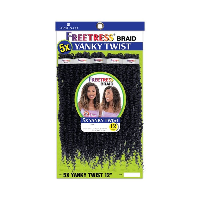 SHAKE N GO Freetress Yanky Twist 12 inch braids. 5 pack synthetic curly braid hair in natural black for crochet