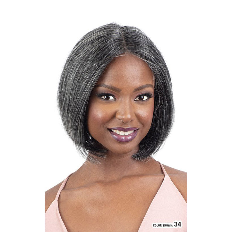 SHAKE N GO golden human hair lace front wig shown as a sleek salt and pepper bob on model