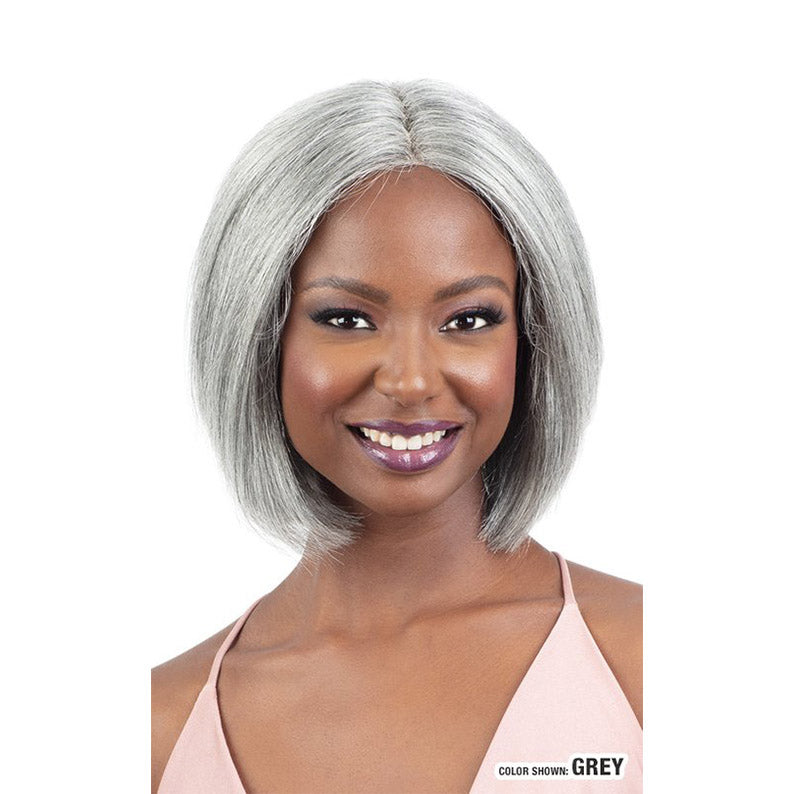 SHAKE N GO golden human hair lace front wig shown in grey sleek bob on smiling model