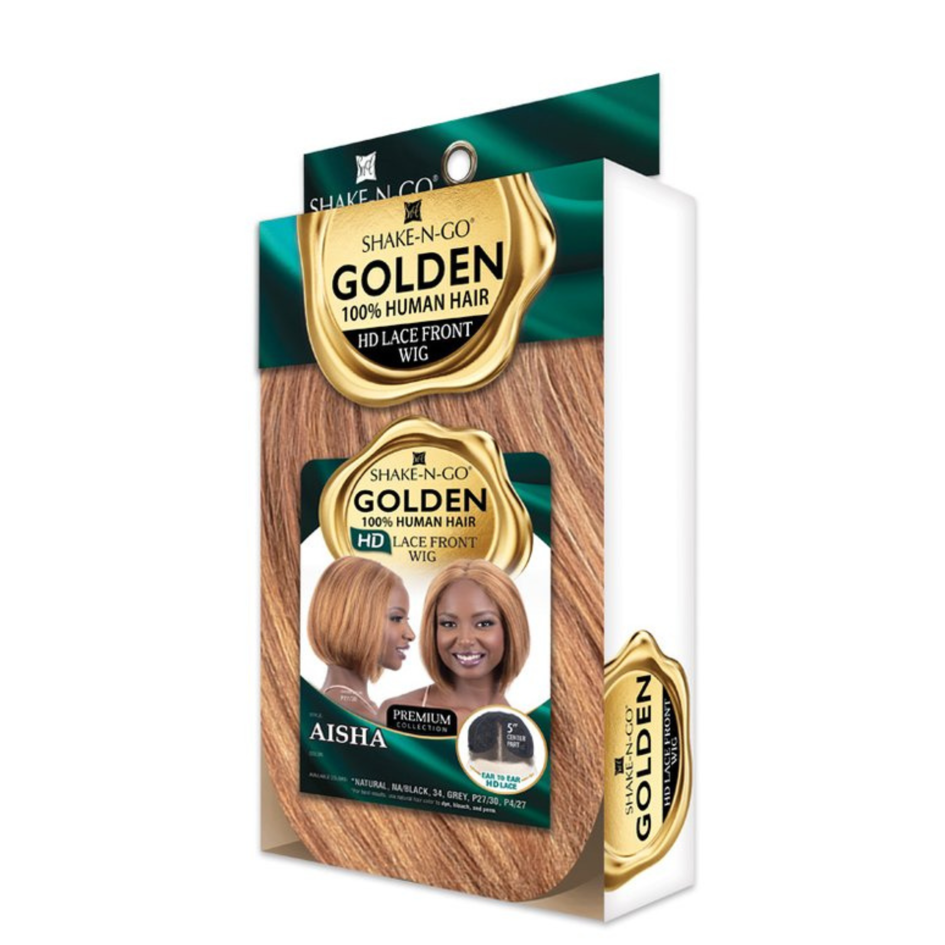 SHAKE N GO box displaying golden human hair lace front wig Aisha bob in warm honey tone 100 percent human hair HD finish