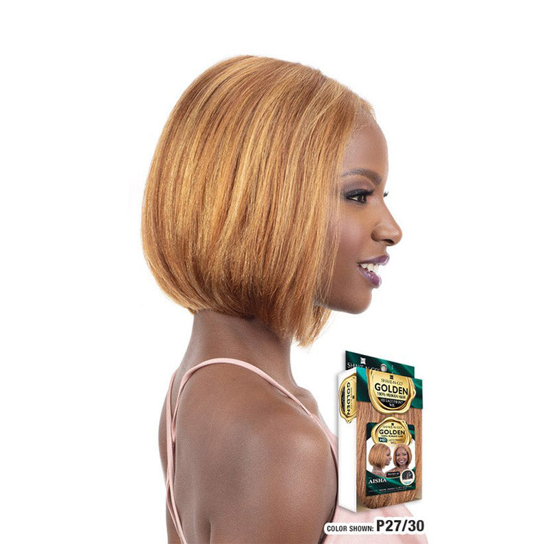SHAKE N GO golden human hair lace front wig short sleek bob on model with warm honey blonde color