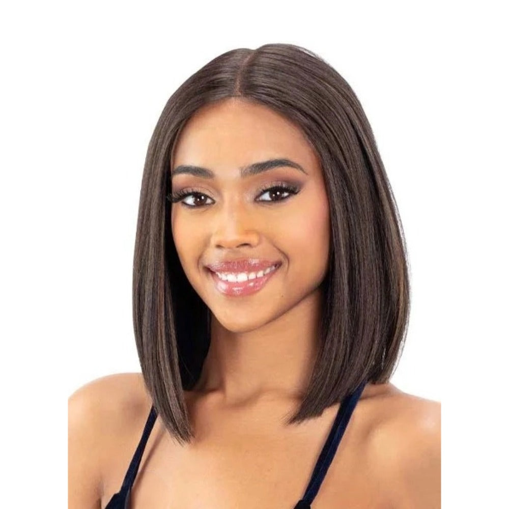 SHAKE N GO Harmony lace wig straight shoulder length bob in chestnut brown with middle part on model