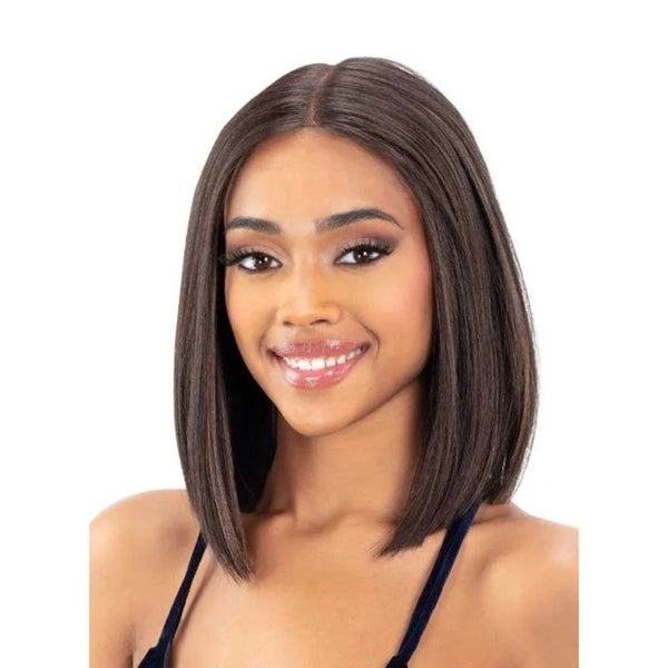 SHAKE N GO Harmony lace wig straight shoulder length bob in chestnut brown with middle part on model