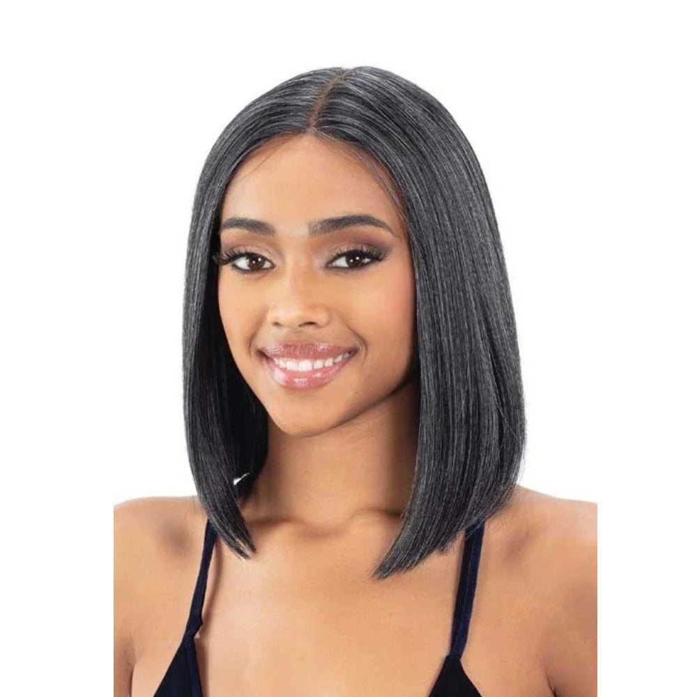 SHAKE N GO Harmony lace wig straight sleek shoulder length center part bob in silver gray