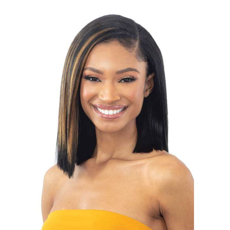 Shake N Go straight hair closure 12 inch bob wig with side part black hair and honey blonde highlights