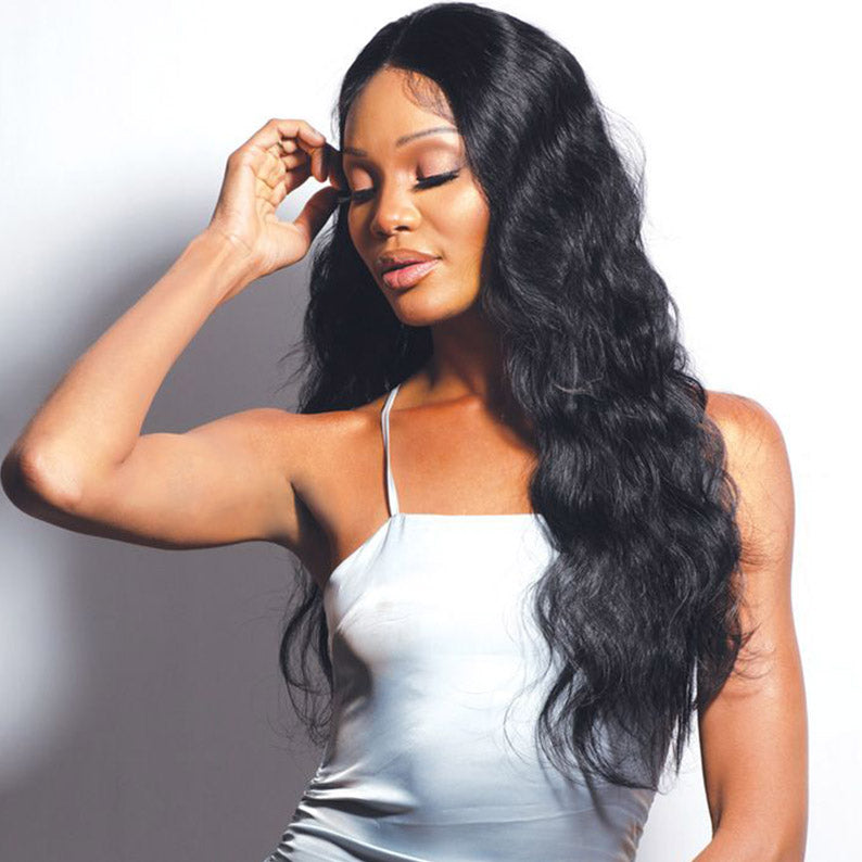 Shake N Go virgin remy hair body wave long natural black lace front wig on model in satin dress