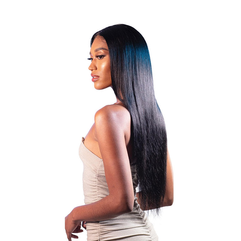 SHAKE N GO model wearing long sleek black virgin remy straight hair extensions with natural shine