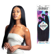 SHAKE N GO glossy black virgin remy straight hair extensions on model with product packaging