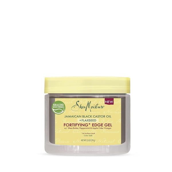 Shea Moisture jar of Jamaican Black Castor Oil edge control gel with flaxseed for strong sleek edges