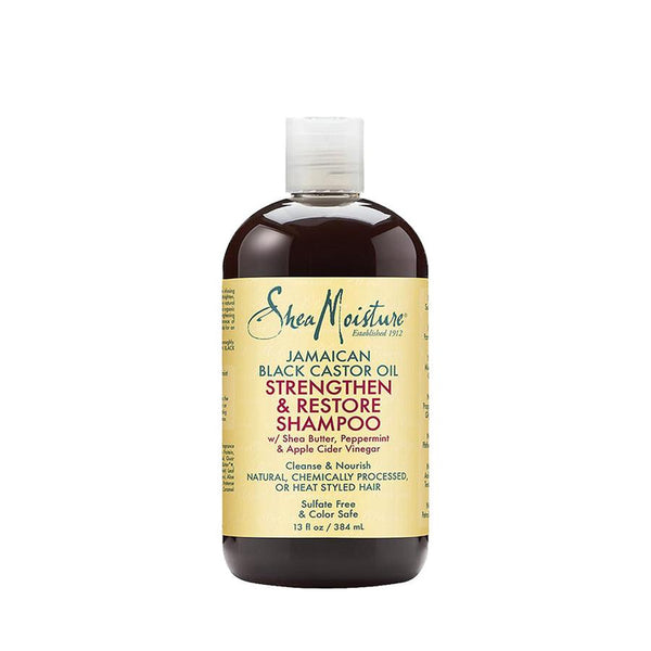 Shea Moisture Jamaican Black Castor Oil Shampoo bottle for strengthening and restoring hair