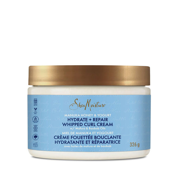 Shea Moisture Manuka Honey Curl Cream jar with blue label and gold lid for hydrate repair 326 g