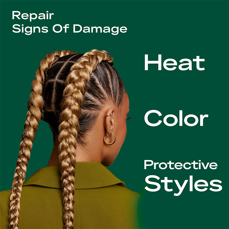 Shea Moisture Amla oil bond repair conditioner shown with woman in long protective braids for repairing heat and color damage