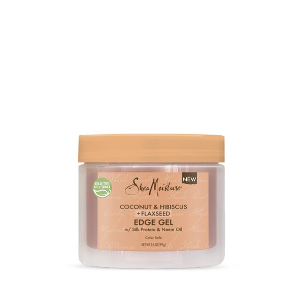 Shea Moisture coconut hibiscus edge control gel in clear jar with tan lid for sleek edge styling