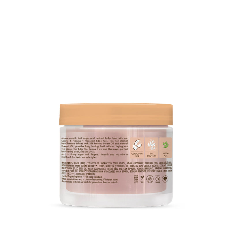 Shea Moisture coconut hibiscus edge control gel jar with beige lid and ingredient label for sleek edges