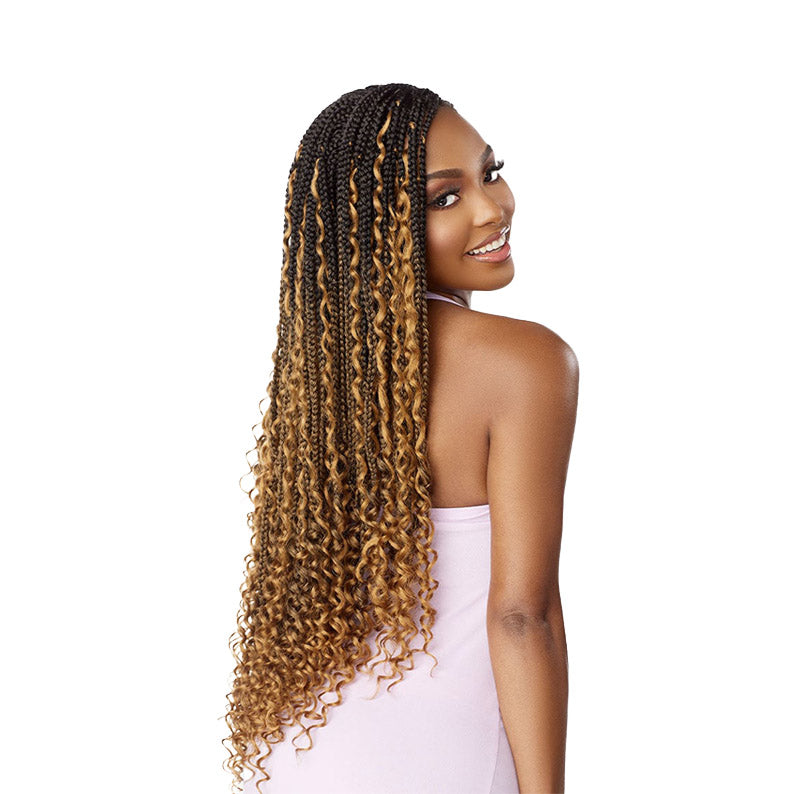 SENSATIONNEL boho box braid hair extensions with long curly ombre braids on smiling woman