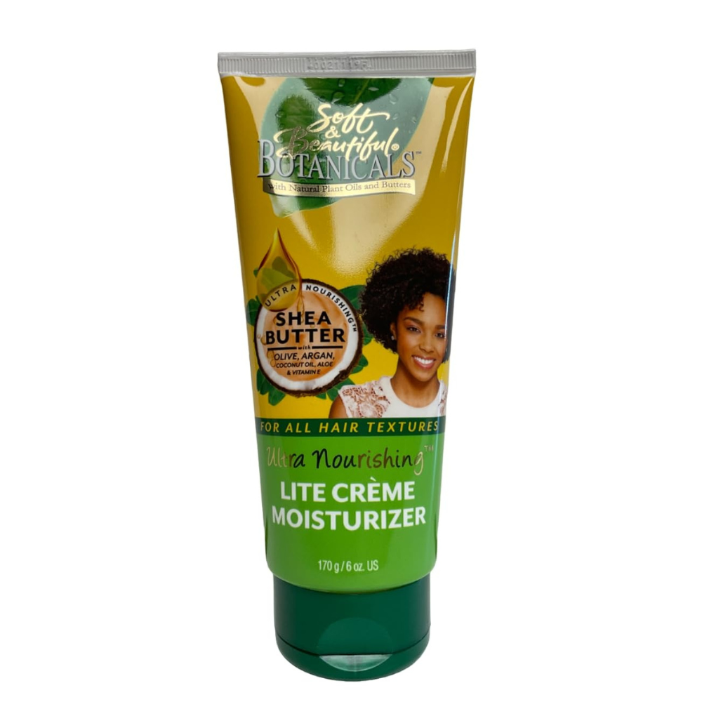 Soft and Beautiful Botanicals shea butter tube with smiling model Ultra Nourishing lite creme moisturizer for hair
