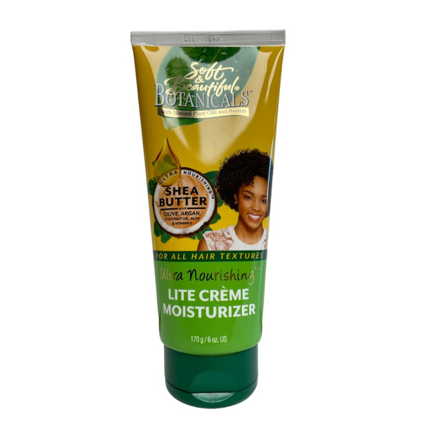 Soft and Beautiful Botanicals shea butter tube with smiling model Ultra Nourishing lite creme moisturizer for hair